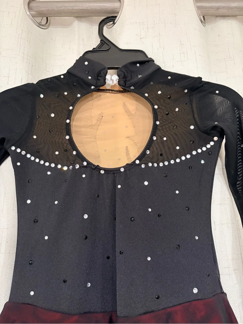 Black and Red Figure Skating Dress with Nude Appliqué and Rhinestones